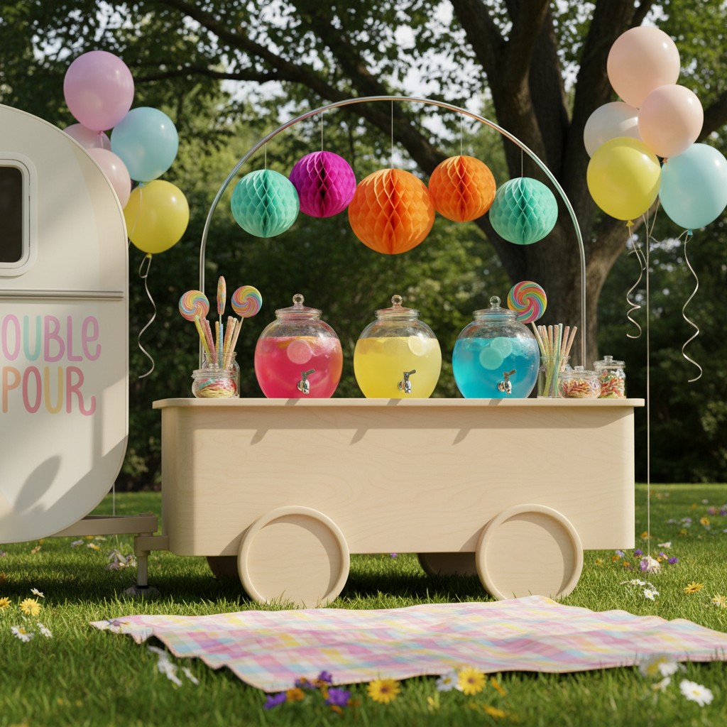 The image features a vibrant outdoor scene with a trailer and a beverage cart in a park setting, adorned with colorful bal...