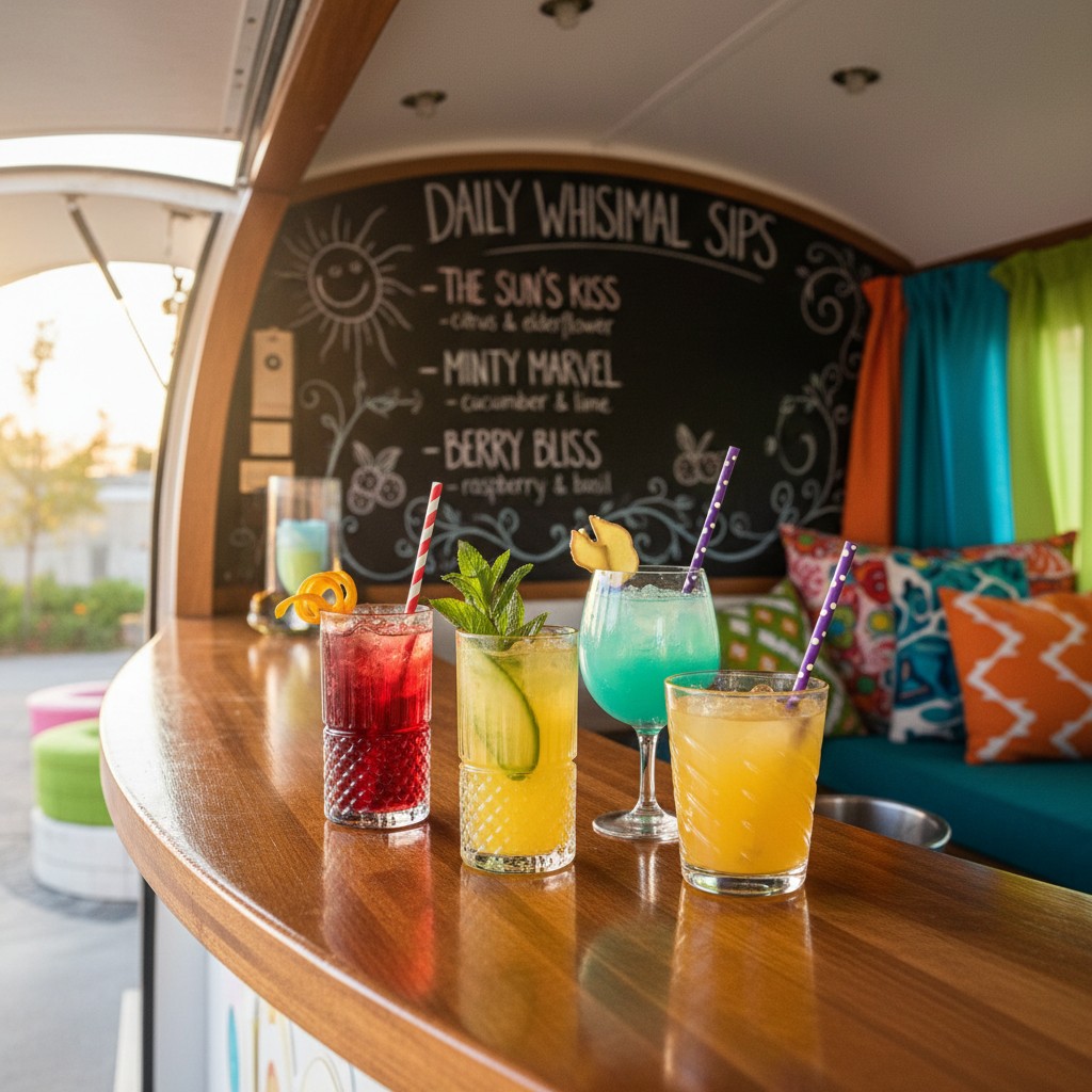 Coctails on the bar counter in front of a blackboard listing drinks inventively called daily Whissimal sips. A colorful pl...