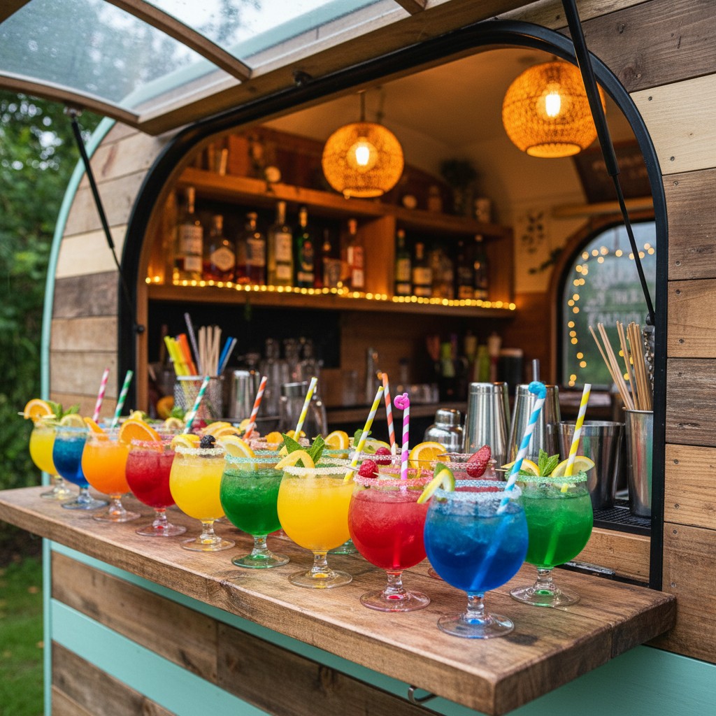 Several colorful margaritas stand lined up on a wooden counter, with a bar in the background, showcasing an inviting and v...